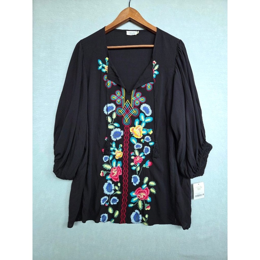 Tasha Polizzi Chama River Embroidered Tunic M Boho Western Peasant Top NWT Black